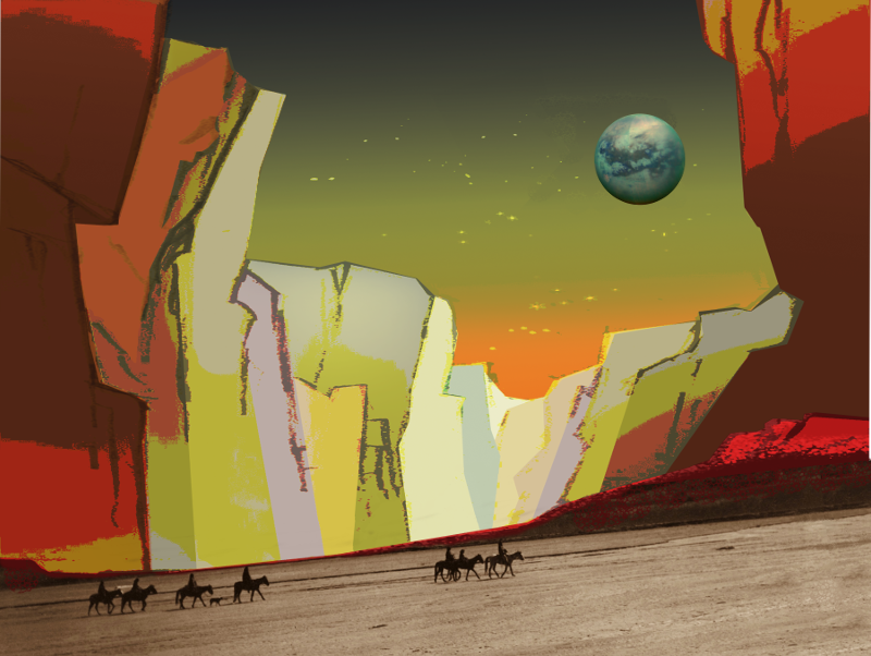 Seven Navajos on horseback and a dog trek on Mars