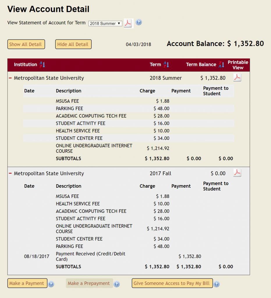A screenshot of the student fees charged at registration at Metro State U.