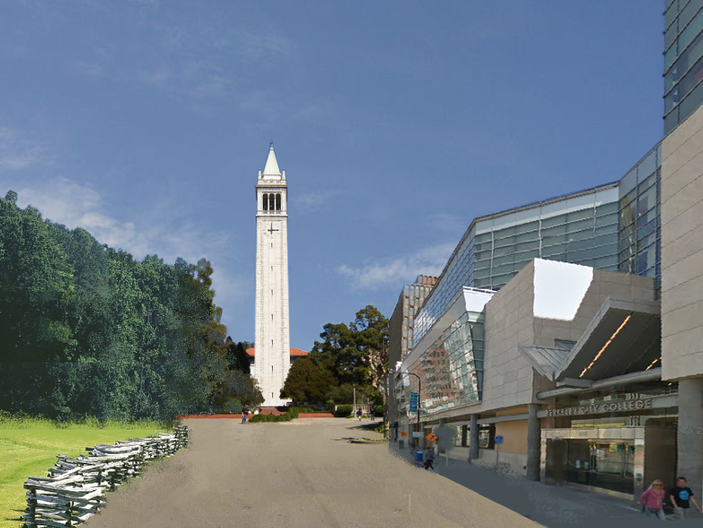 A mashup I made from a google map image of Berkeley City College, a picture of the Campanile at UC Berkeley and an inviting meadow leading into a thicket.