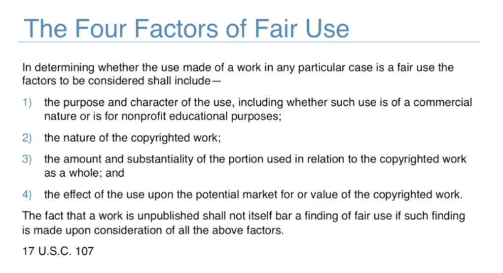 Four factors of Fair Use law in US.