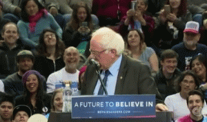 A bird lands on the lecturn while Bernie Sanders is speaking in Oregon.