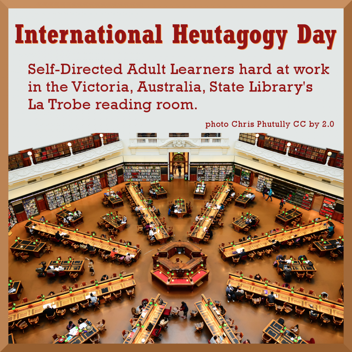 Self-Directed Adult Learners hard at work in Victoria, Australia, State Library's La Trobe reading room.