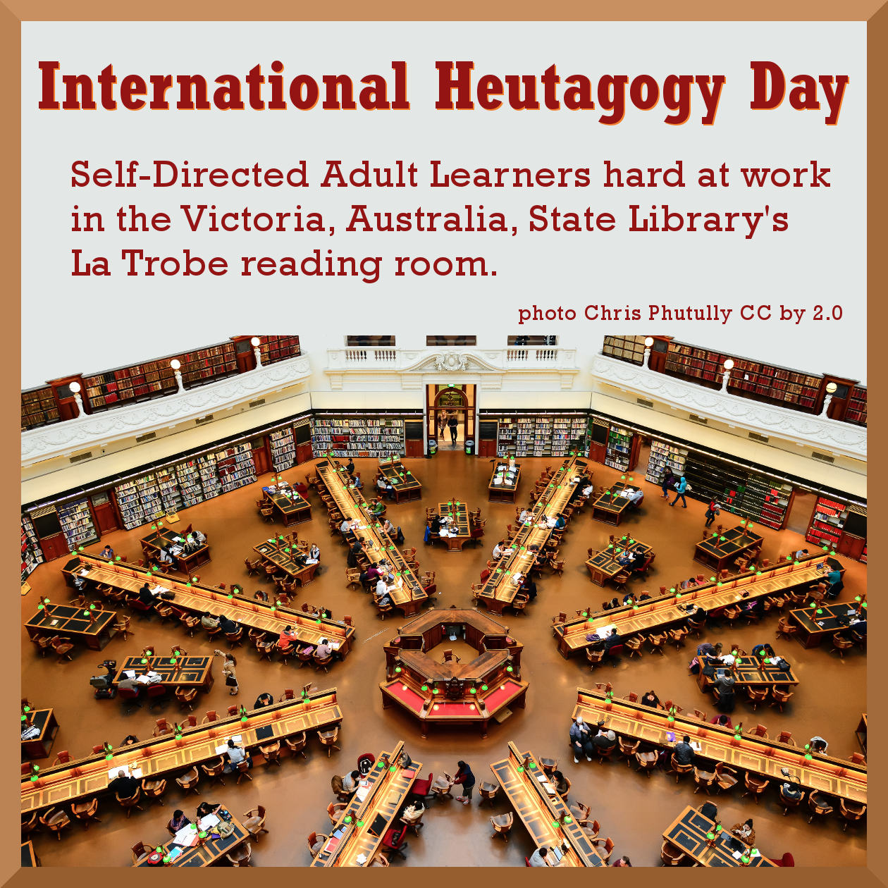 Self-Directed Adult Learners hard at work in Victoria, Australia, State Library's La Trobe reading room.
